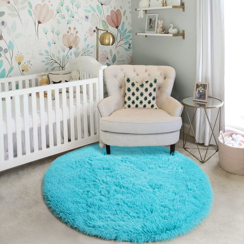 Amdrebio Blue Round Rug 5Ft for Bedroom, Fluffy Circle Area Rugs for Kids Room Baby Nursery Playroom, Living Room Decor Aesthetic, Plush Shaggy Fuzzy Turquoise Carpet for Apartment Preppy Classroom - Image 5